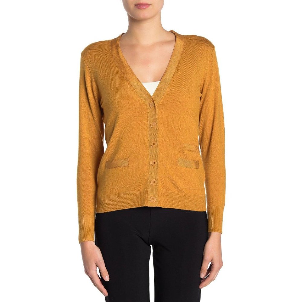 T Tahari Grosgrain Ribbon Trim V-Neck Cardigan M M